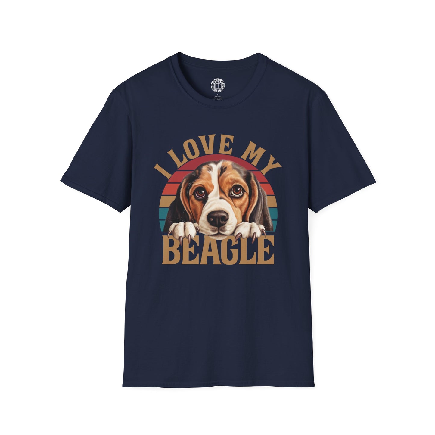 Navy blue t-shirt with 'I Love My Beagle' graphic on a white background