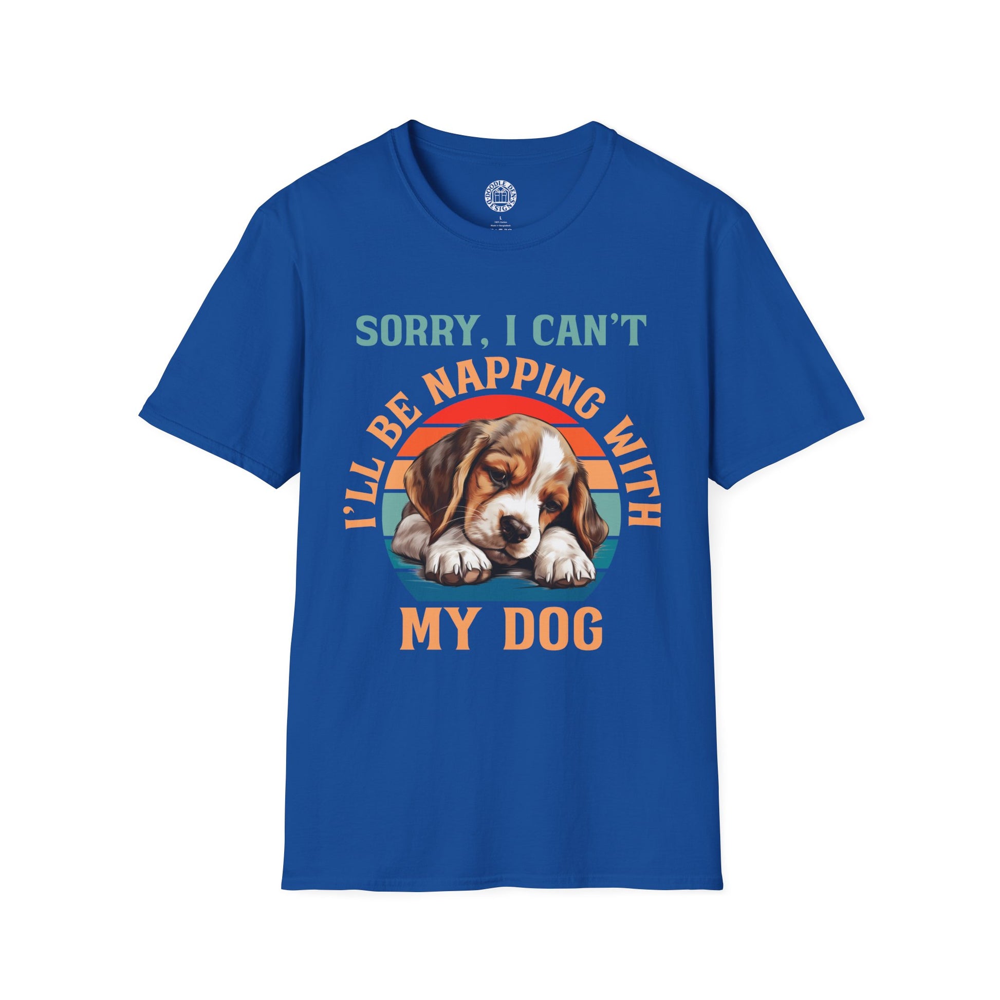 Blue t-shirt with a beagle dog graphic and text on a white background
