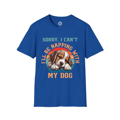 Blue t-shirt with a beagle dog graphic and text on a white background