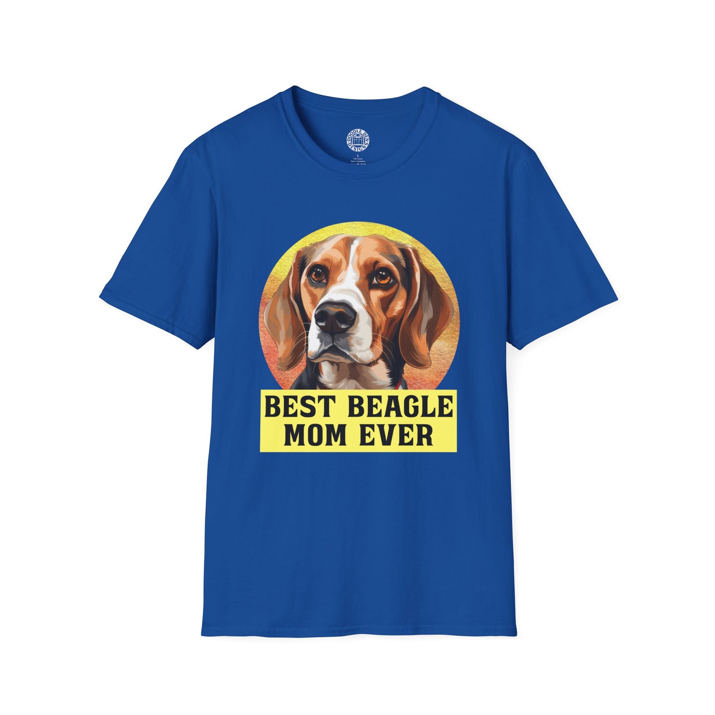Blue t-shirt with a beagle graphic and 'Best Beagle Mom Ever' text on a white background