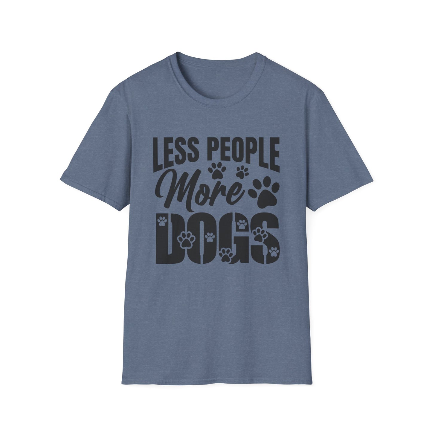 Blue t-shirt with 'LESS PEOPLE MORE DOGS' text and paw prints on a white background