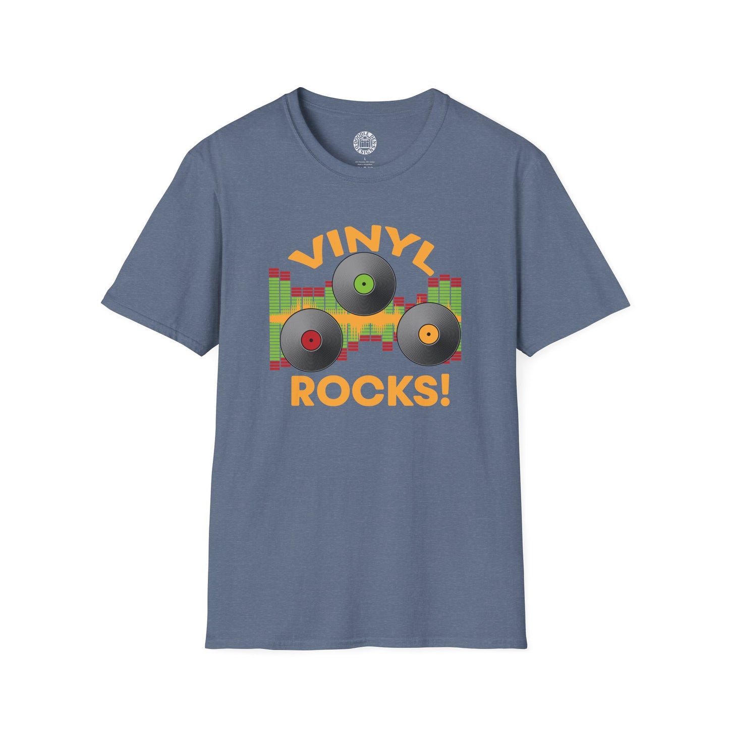 Blue t-shirt with 'Vinyl Rocks!' graphic on a white background