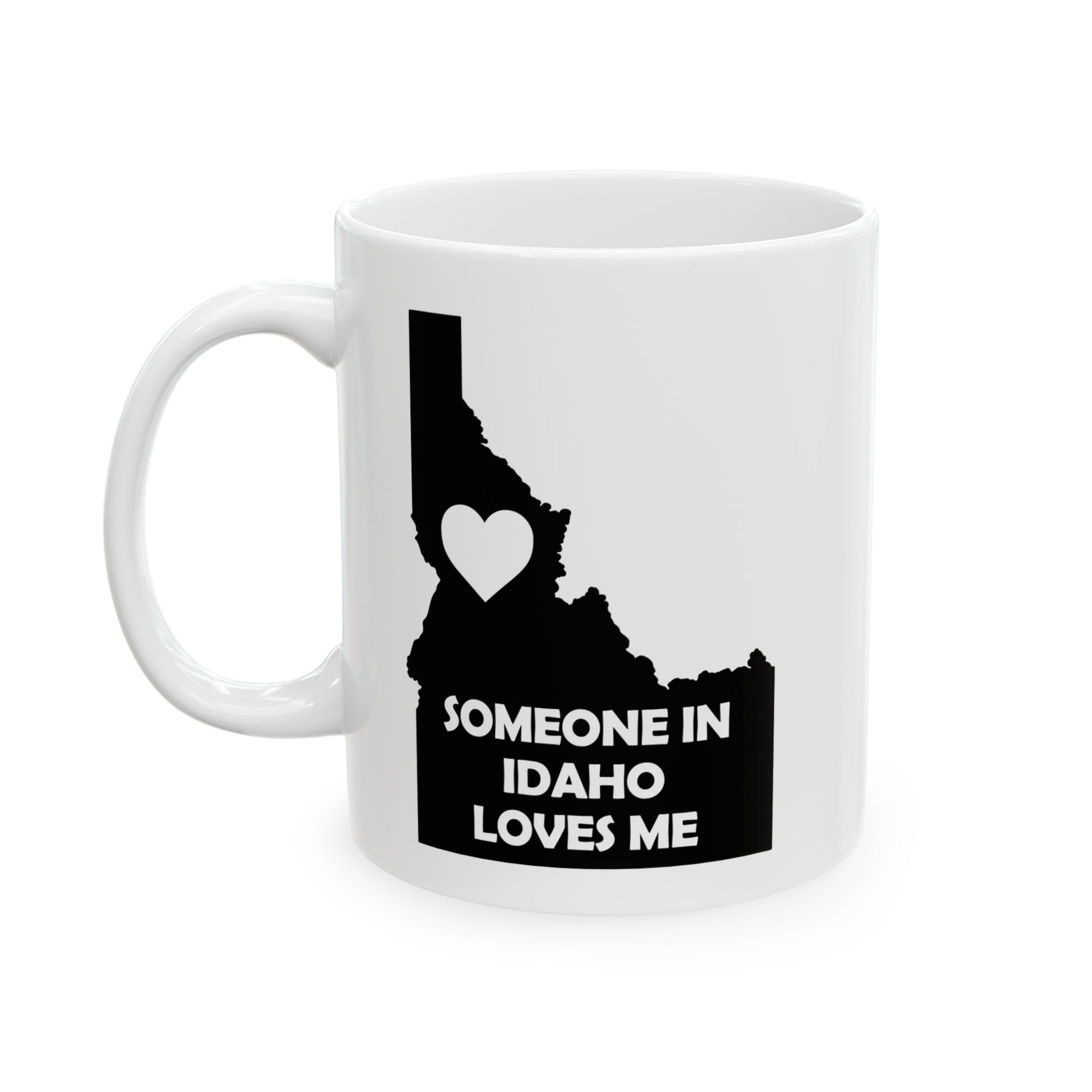 White mug with black Idaho map and heart design on a white background