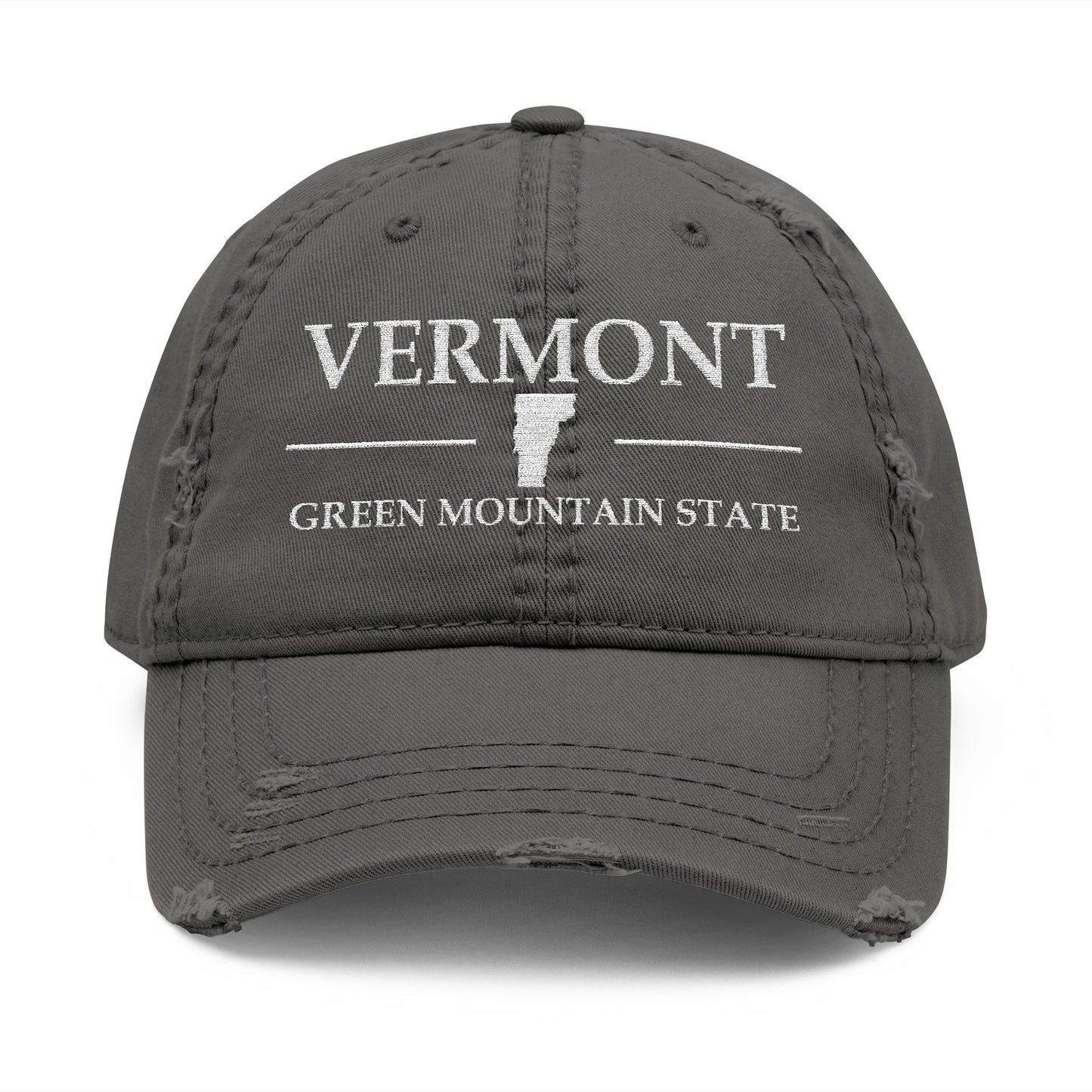 Gray cap with 'VERMONT GREEN MOUNTAIN STATE' text  embroidered in white thread