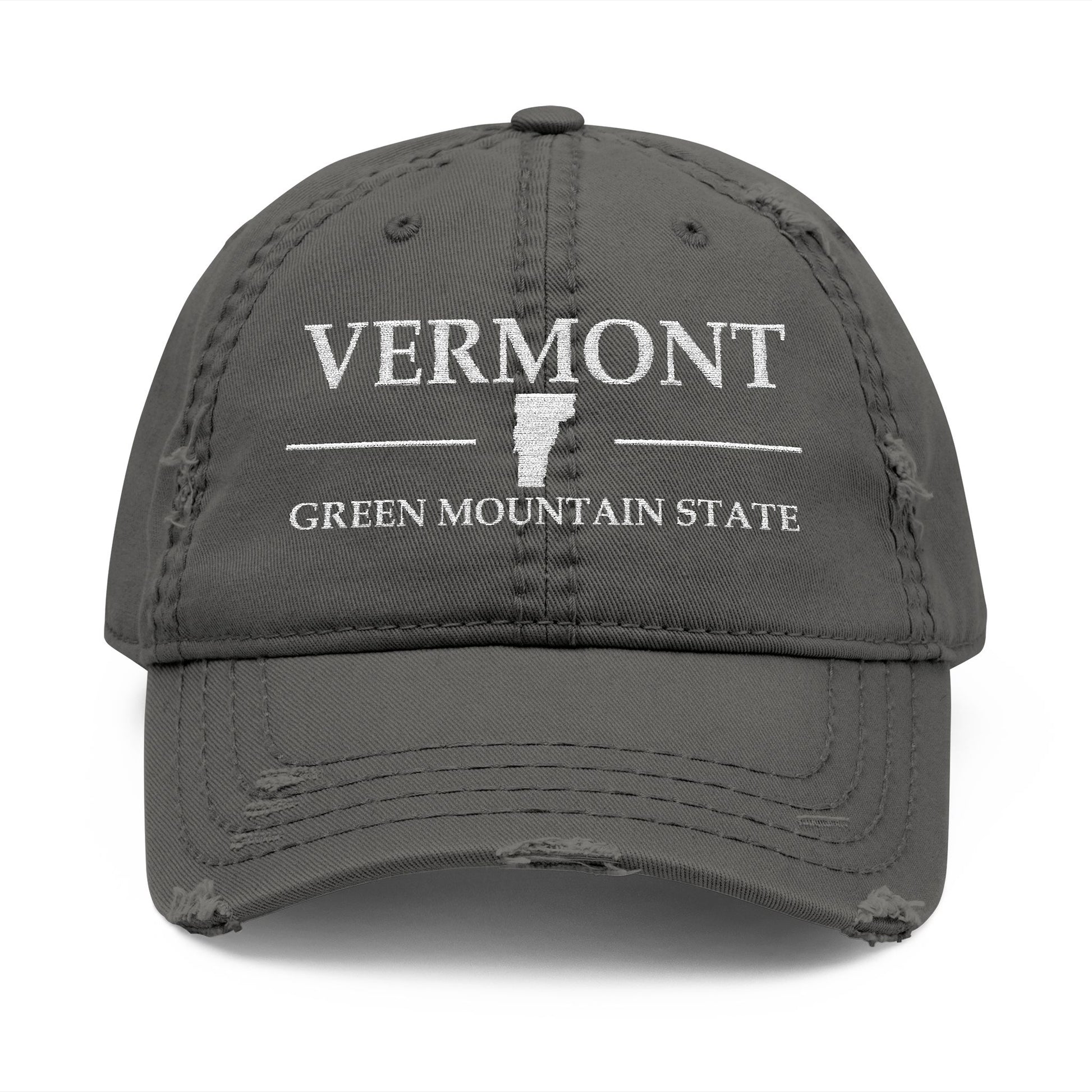 Gray cap with 'VERMONT GREEN MOUNTAIN STATE' text  embroidered in white thread