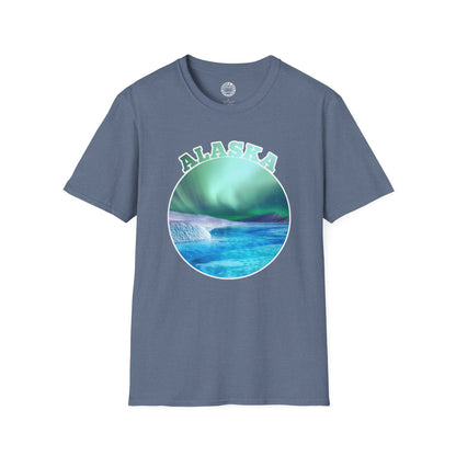 Blue t-shirt with Alaska graphic design on a white background northern lights aurora borealis