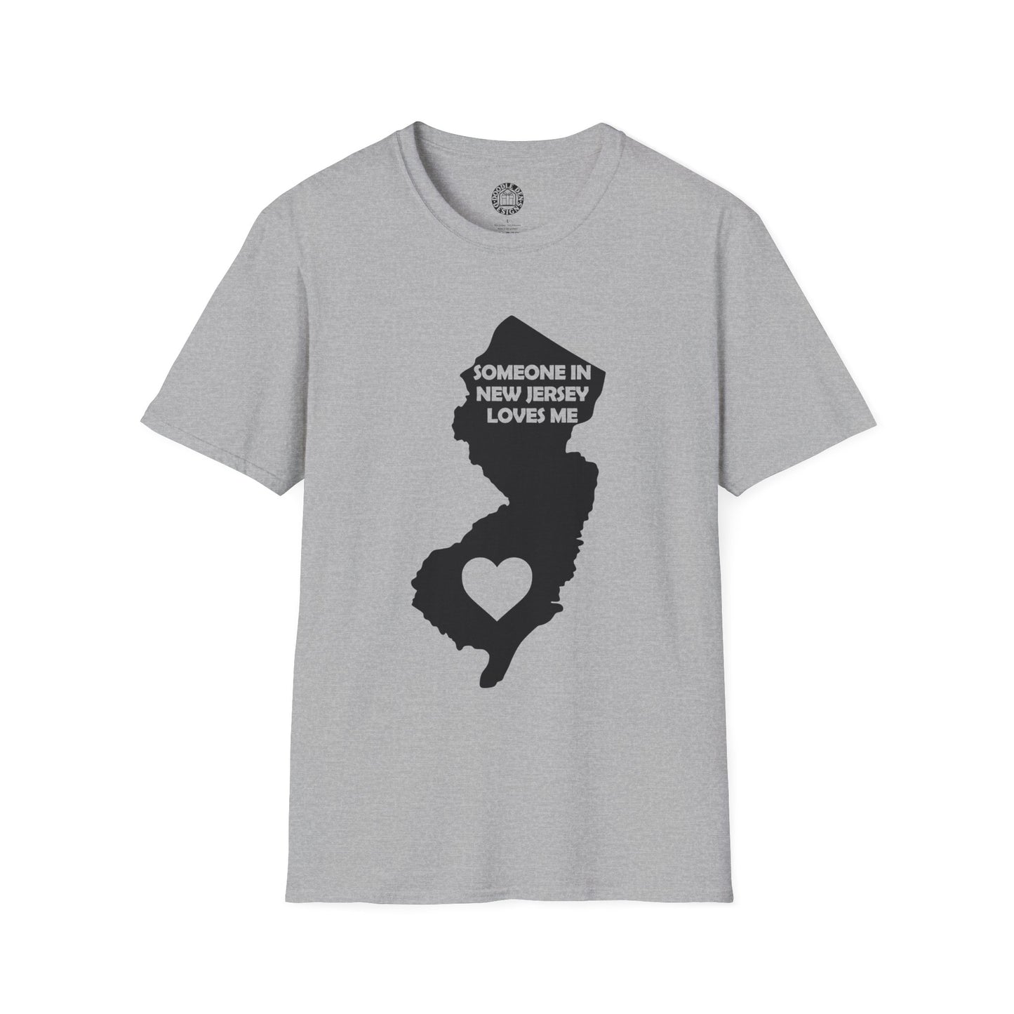 Gray t-shirt with black silhouette of New Jersey and text 'Someone in New Jersey loves me' on a white background
