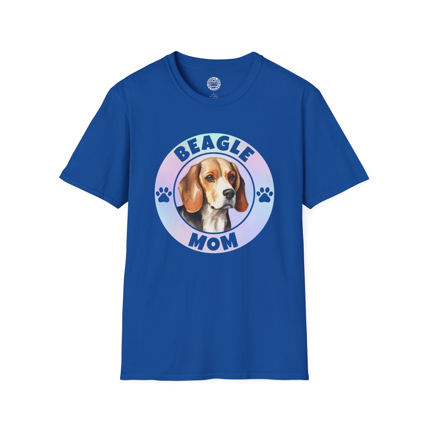 Blue t-shirt with a beagle graphic and 'Beagle Mom' text on a white background