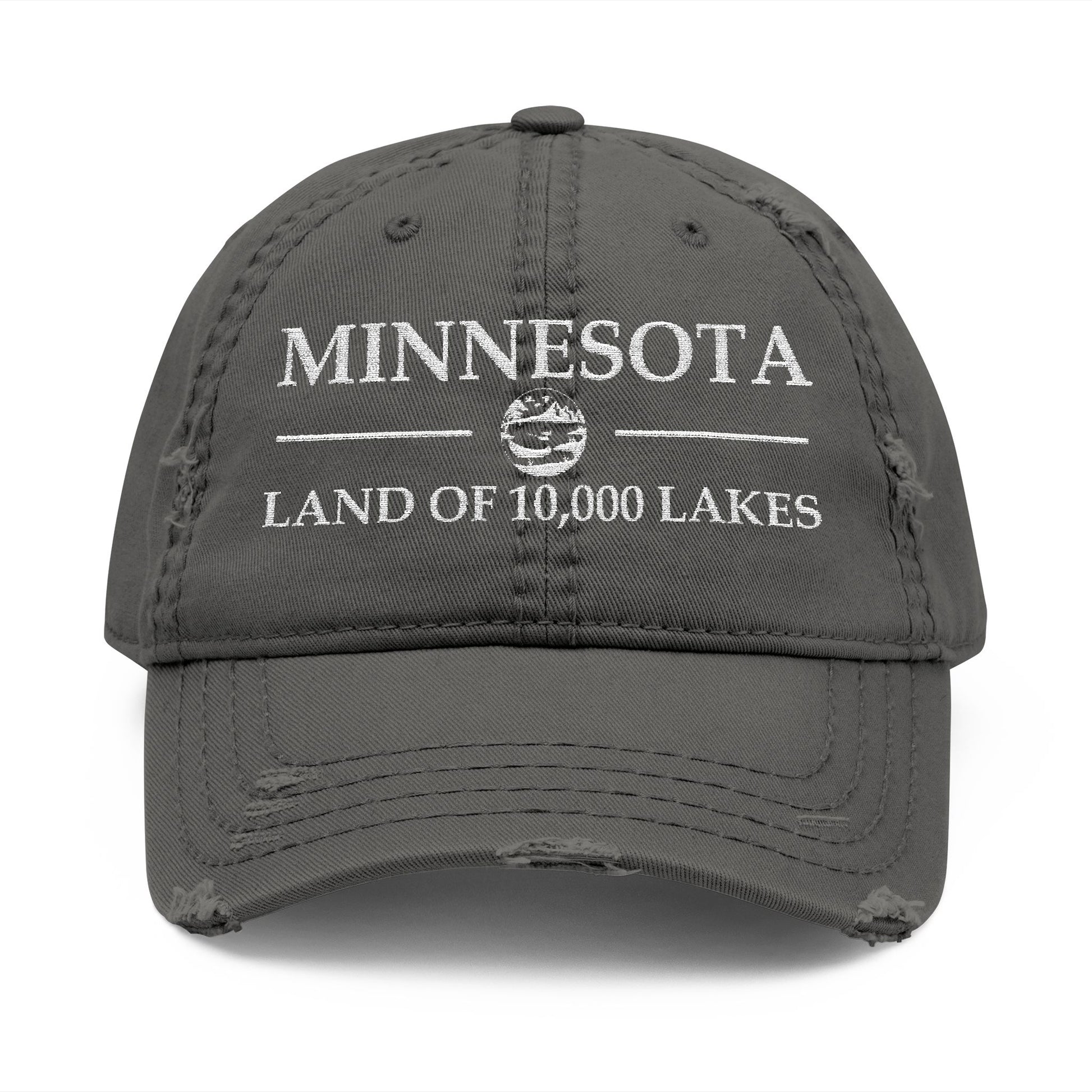 Gray cap with 'MINNESOTA LAND OF 10,000 LAKES' text  embroidered in white thread