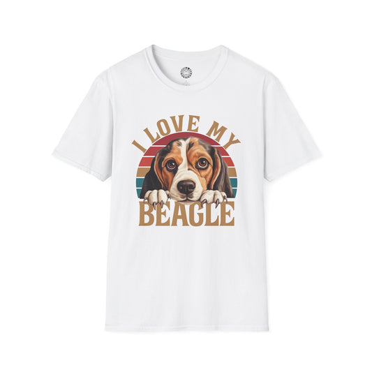 White t-shirt with a beagle graphic and 'I Love My Beagle' text on a white background