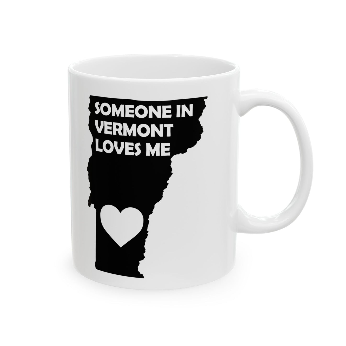 White mug with black silhouette of Vermont and text 'Someone in Vermont loves me' on a white background