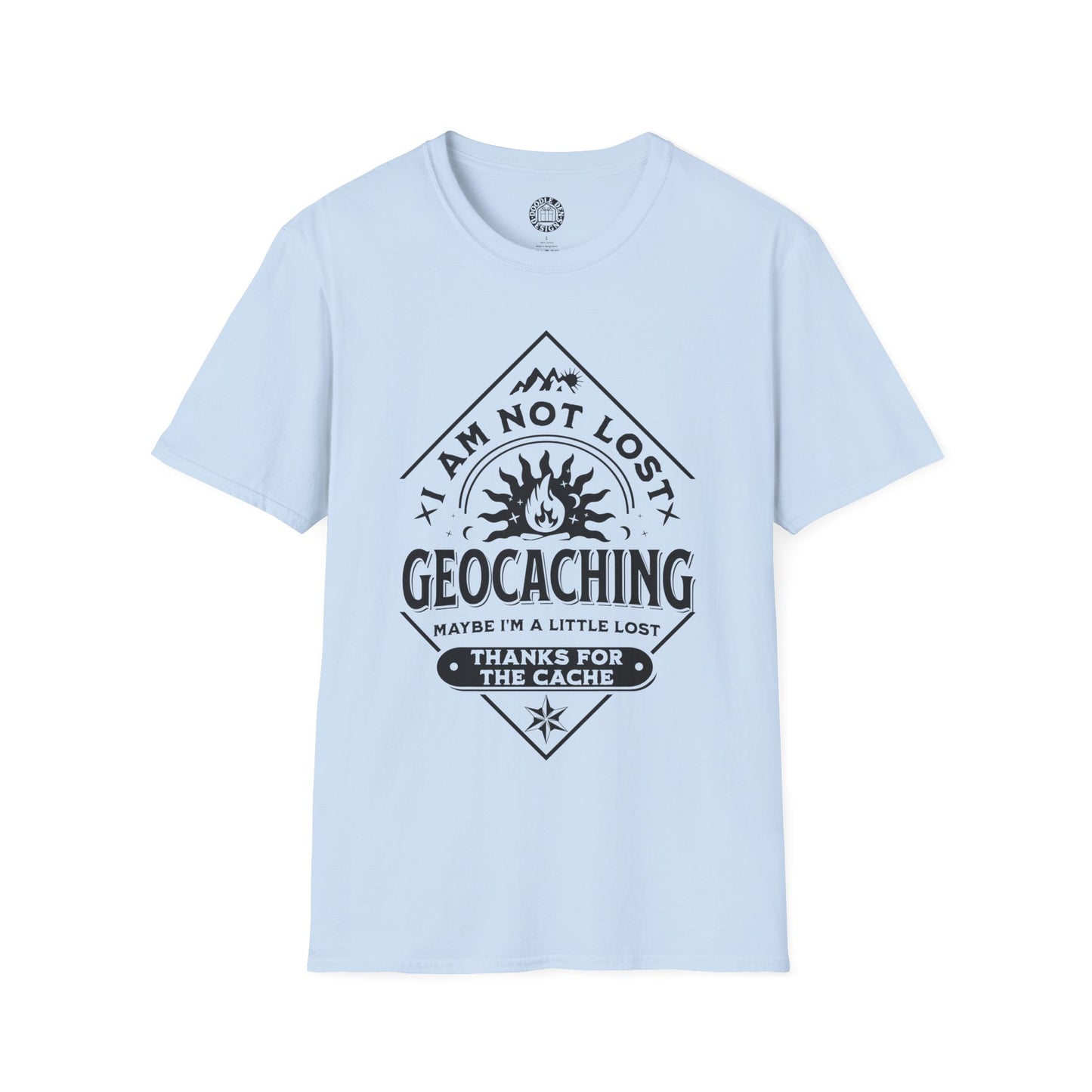 Light blue t-shirt with black geocaching graphic and text on a white background