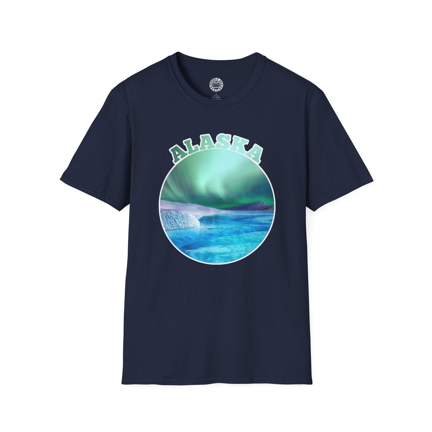 Navy blue t-shirt with 'Alaska' graphic design on a white background northern lights aurora borealis
