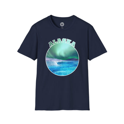 Navy blue t-shirt with 'Alaska' graphic design on a white background northern lights aurora borealis