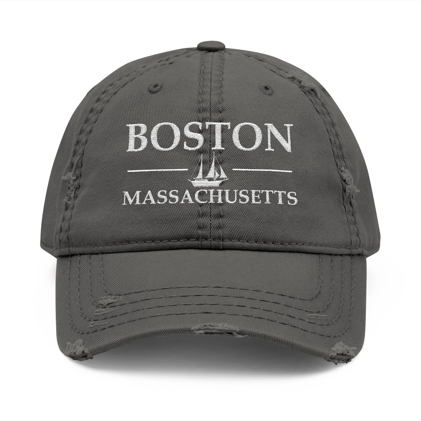 Gray cap with 'Boston Massachusetts' text embroidered in white thread