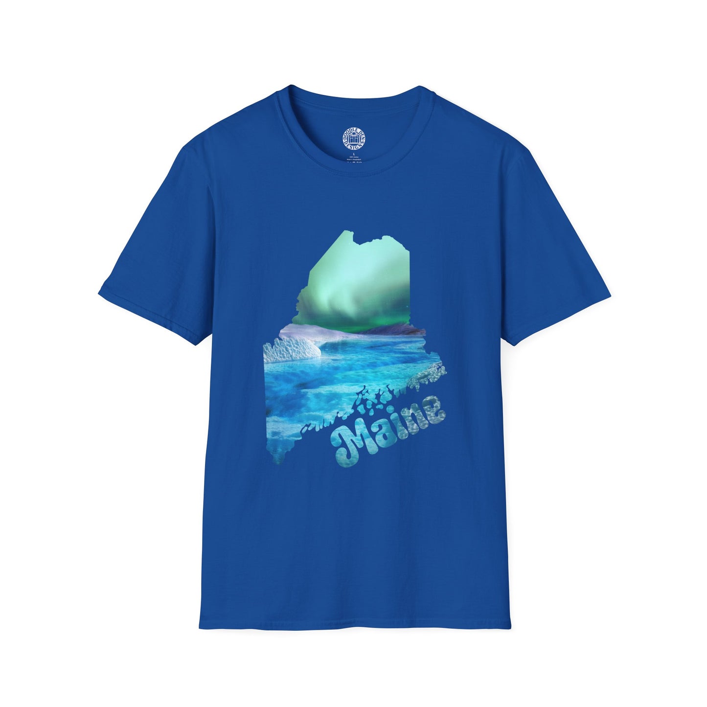 Blue t-shirt with a graphic design of a mountain and ocean, featuring the word 'Maine' northern lights aurora borealis