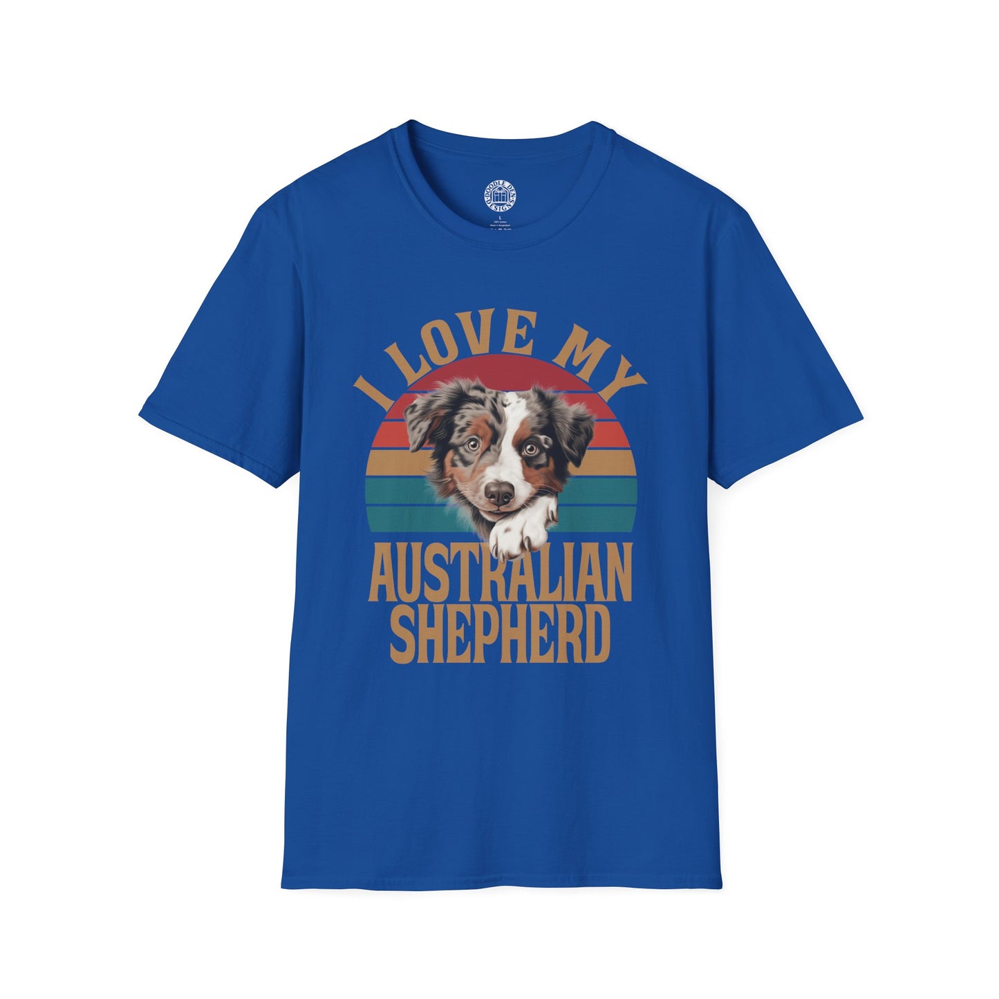 Blue t-shirt with an Australian Shepherd graphic and text on a white background