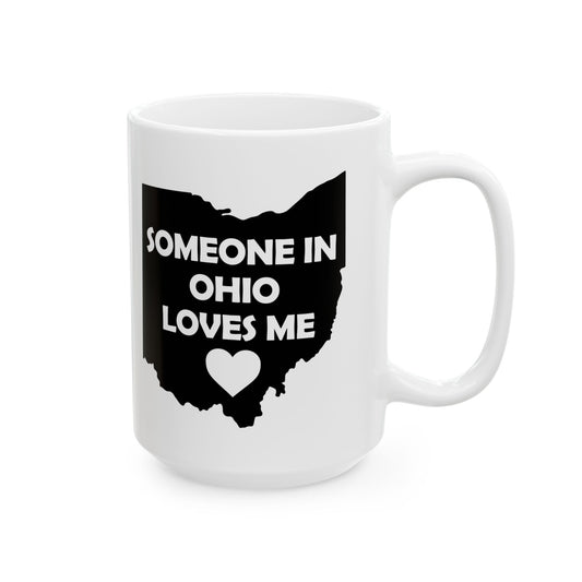 White mug with black Ohio outline and text 'Someone in Ohio loves me' on a white background