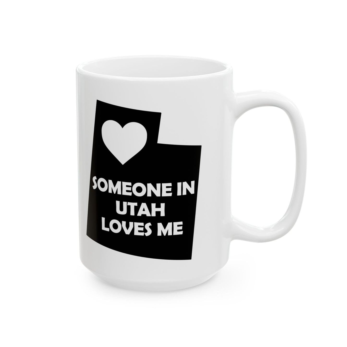 White mug with black Utah-shaped design and text 'SOMEONE IN UTAH LOVES ME' on a white background