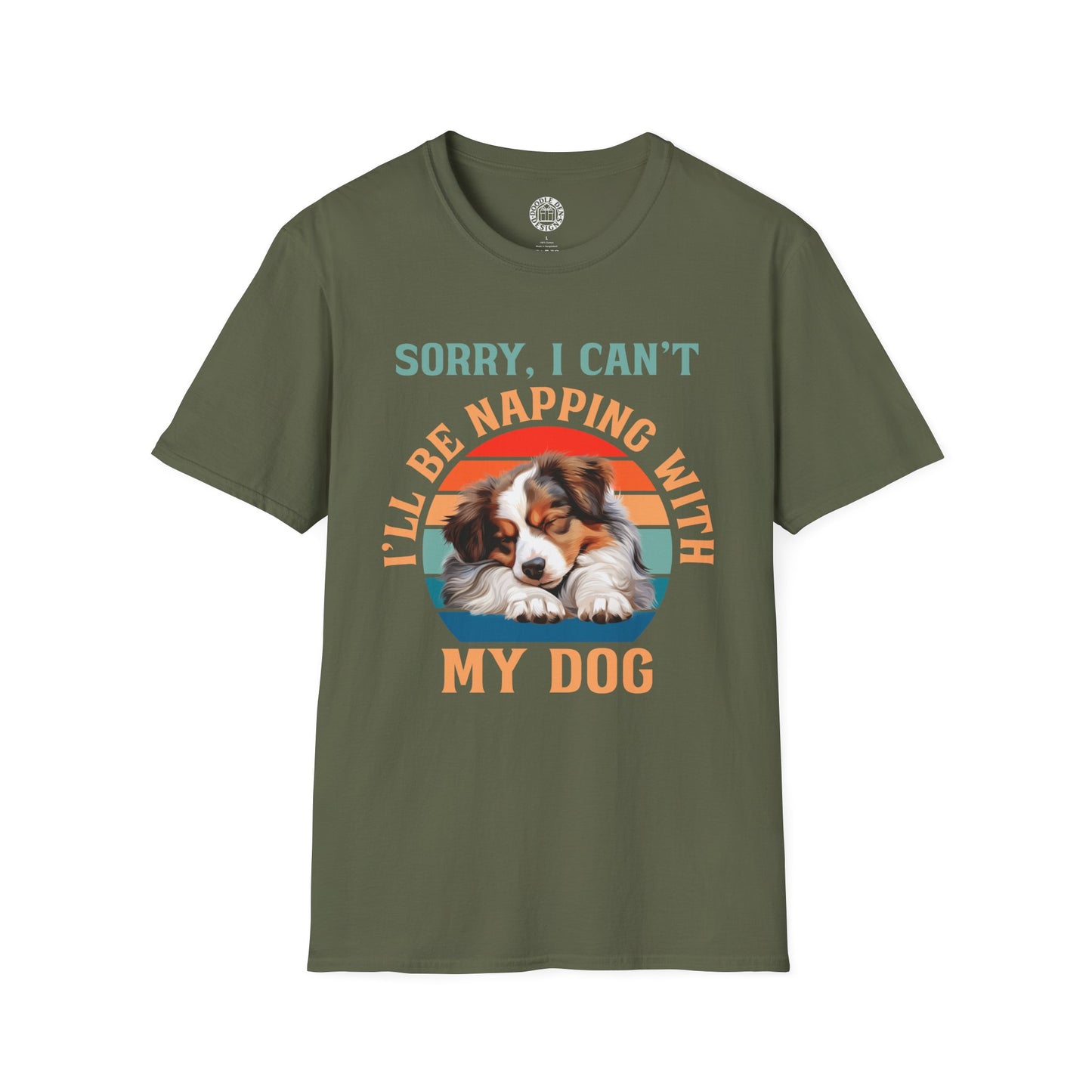 Green t-shirt with a Australian Shepherd dog graphic and text on a white background