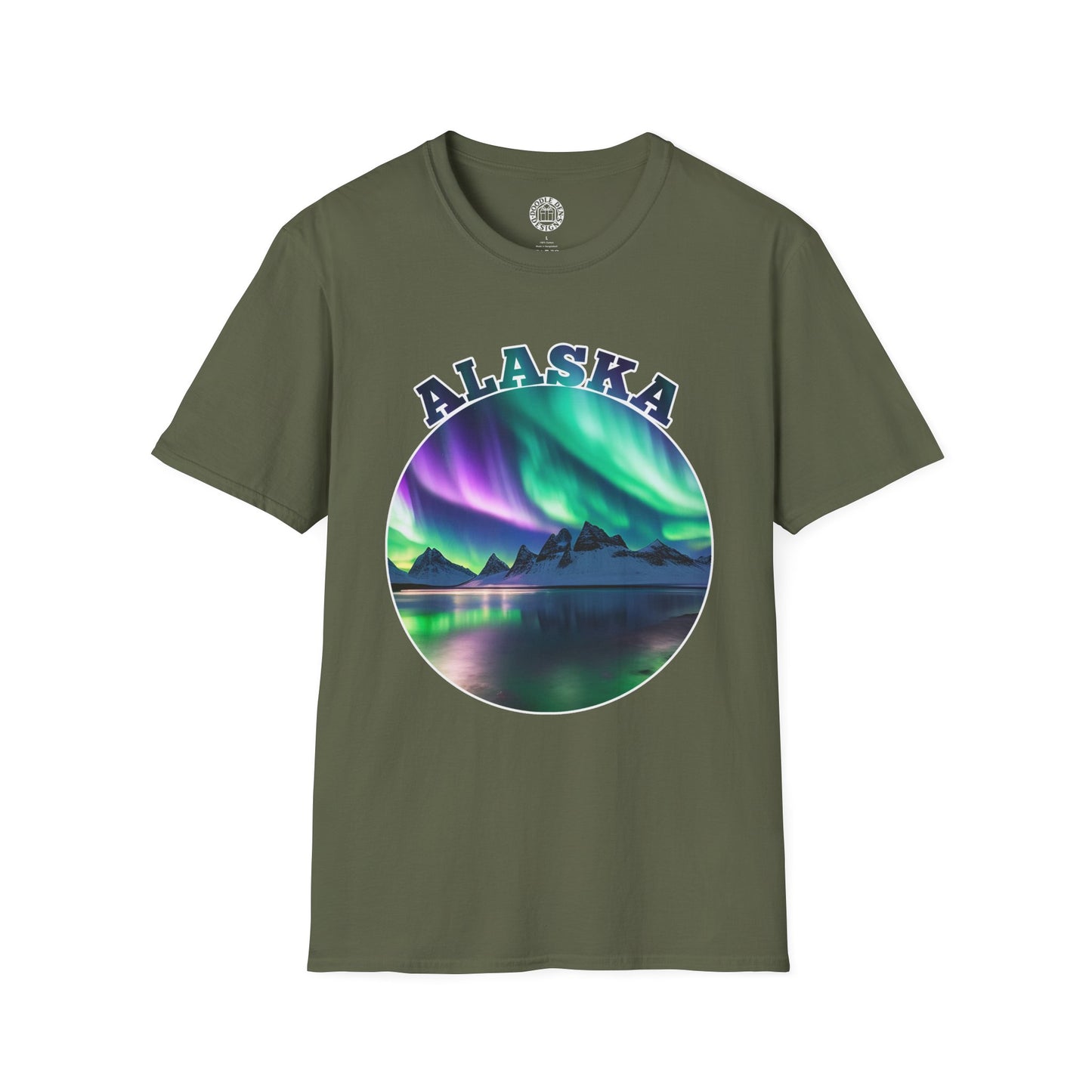 Green t-shirt with Alaska and Northern Lights design on a white background
