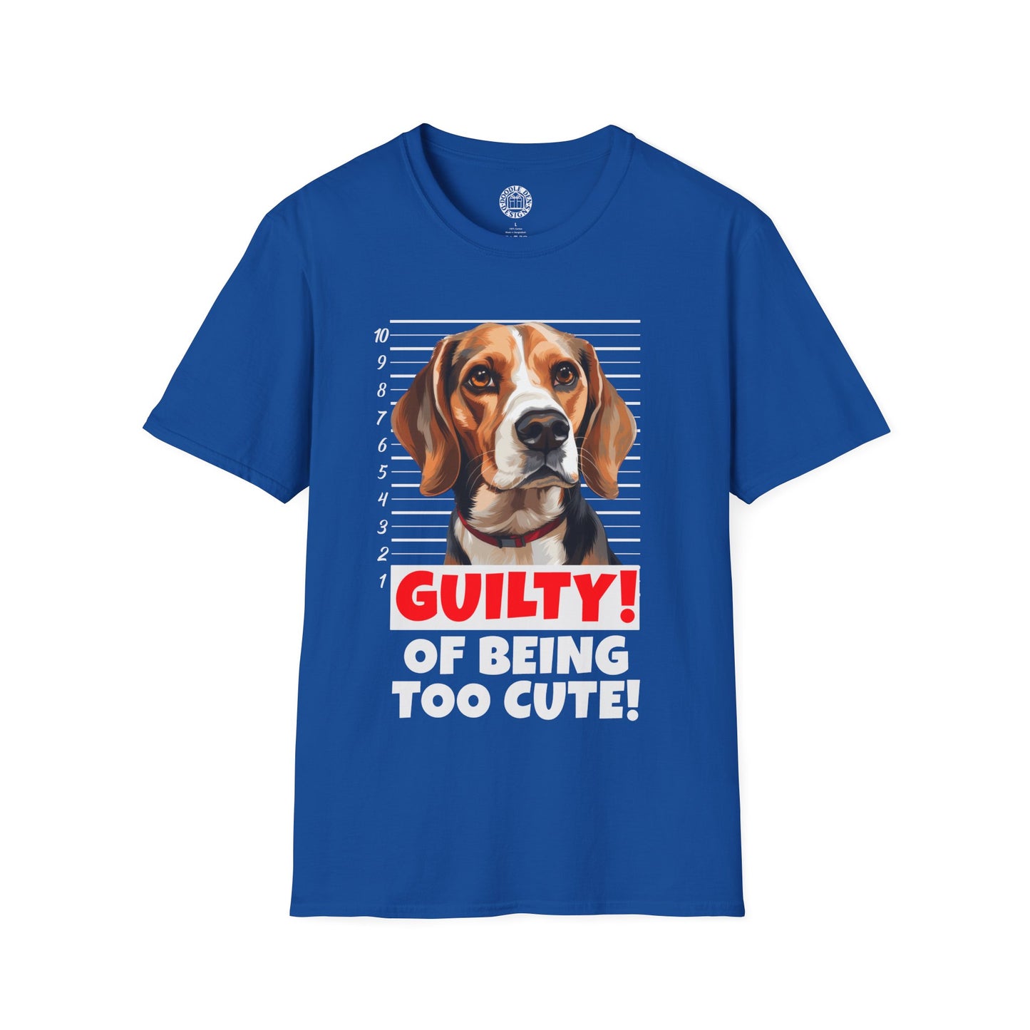 Blue t-shirt with a beagle dog graphic and text 'Guilty! Of being too cute!' on a white background