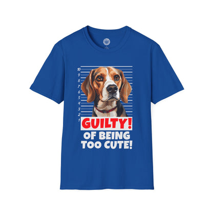 Blue t-shirt with a beagle dog graphic and text 'Guilty! Of being too cute!' on a white background