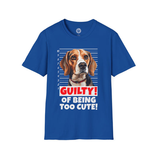 Blue t-shirt with a beagle dog graphic and text 'Guilty! Of being too cute!' on a white background