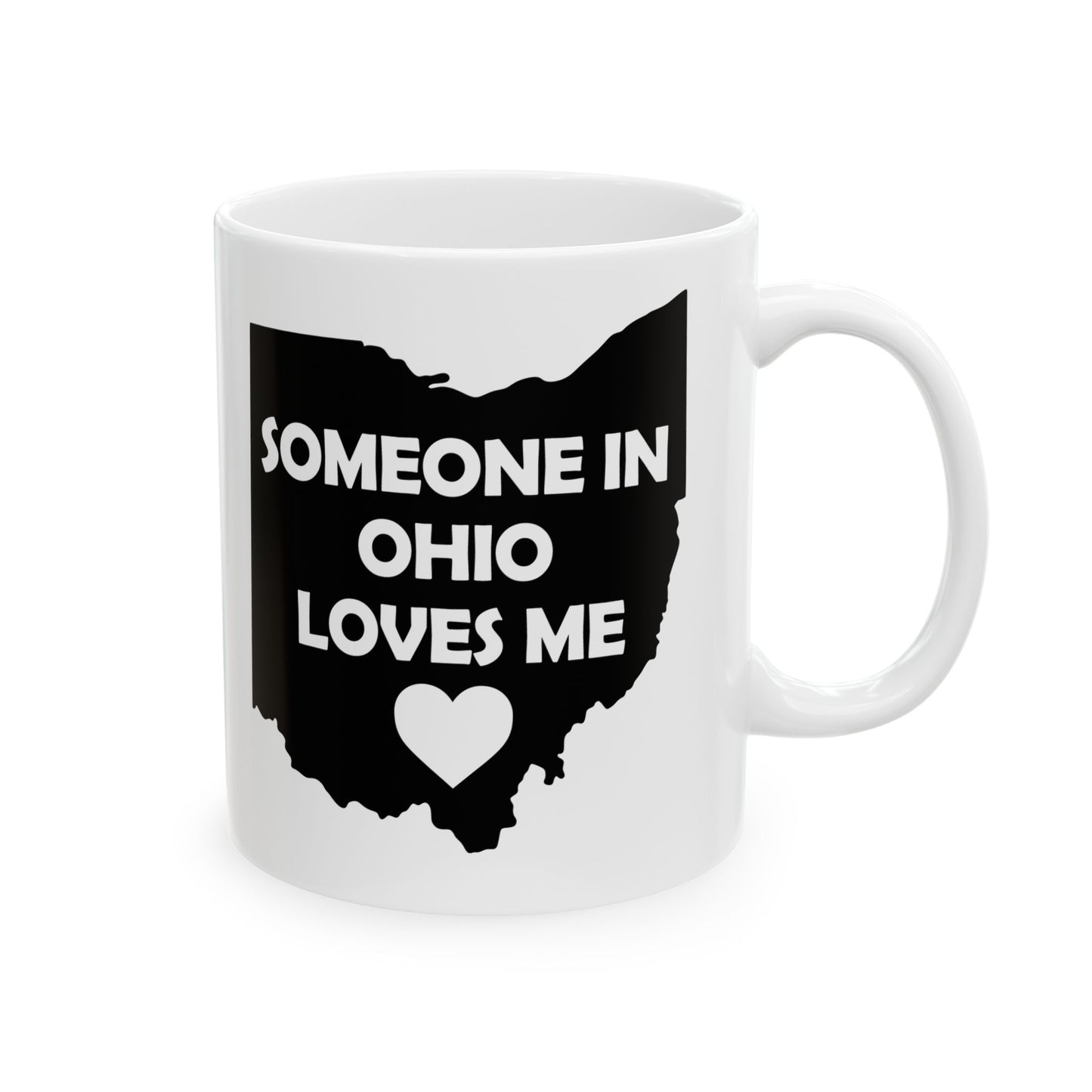 White mug with black Ohio map and text 'Someone in Ohio loves me' on a white background