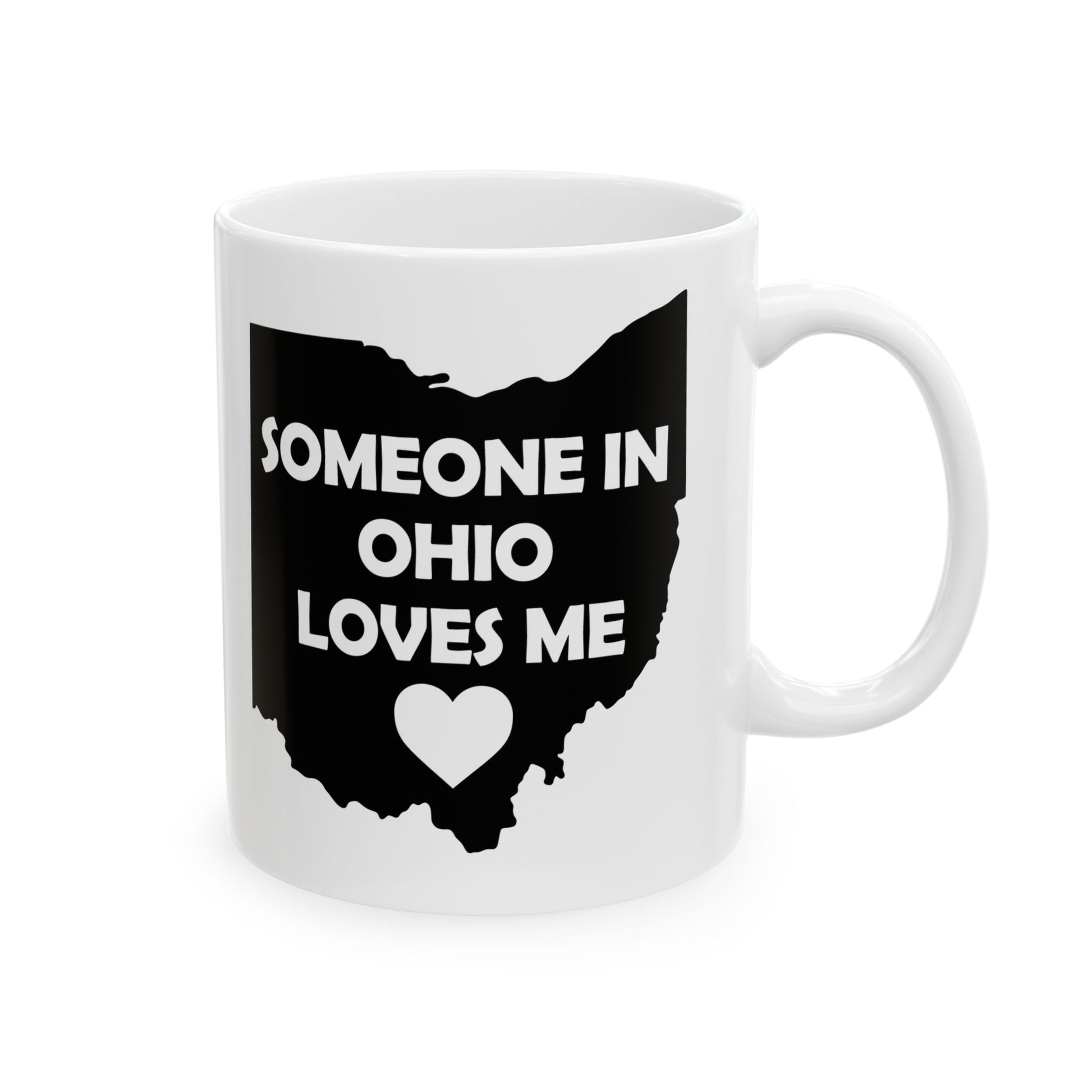 White mug with black Ohio map and text 'Someone in Ohio loves me' on a white background