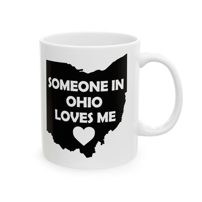 White mug with black Ohio map and text 'Someone in Ohio loves me' on a white background