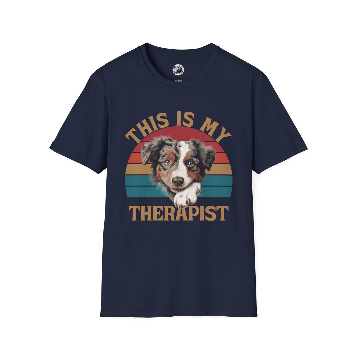 Navy blue t-shirt with a Australian Shepherd dog graphic and 'This is my therapist' text on a white background