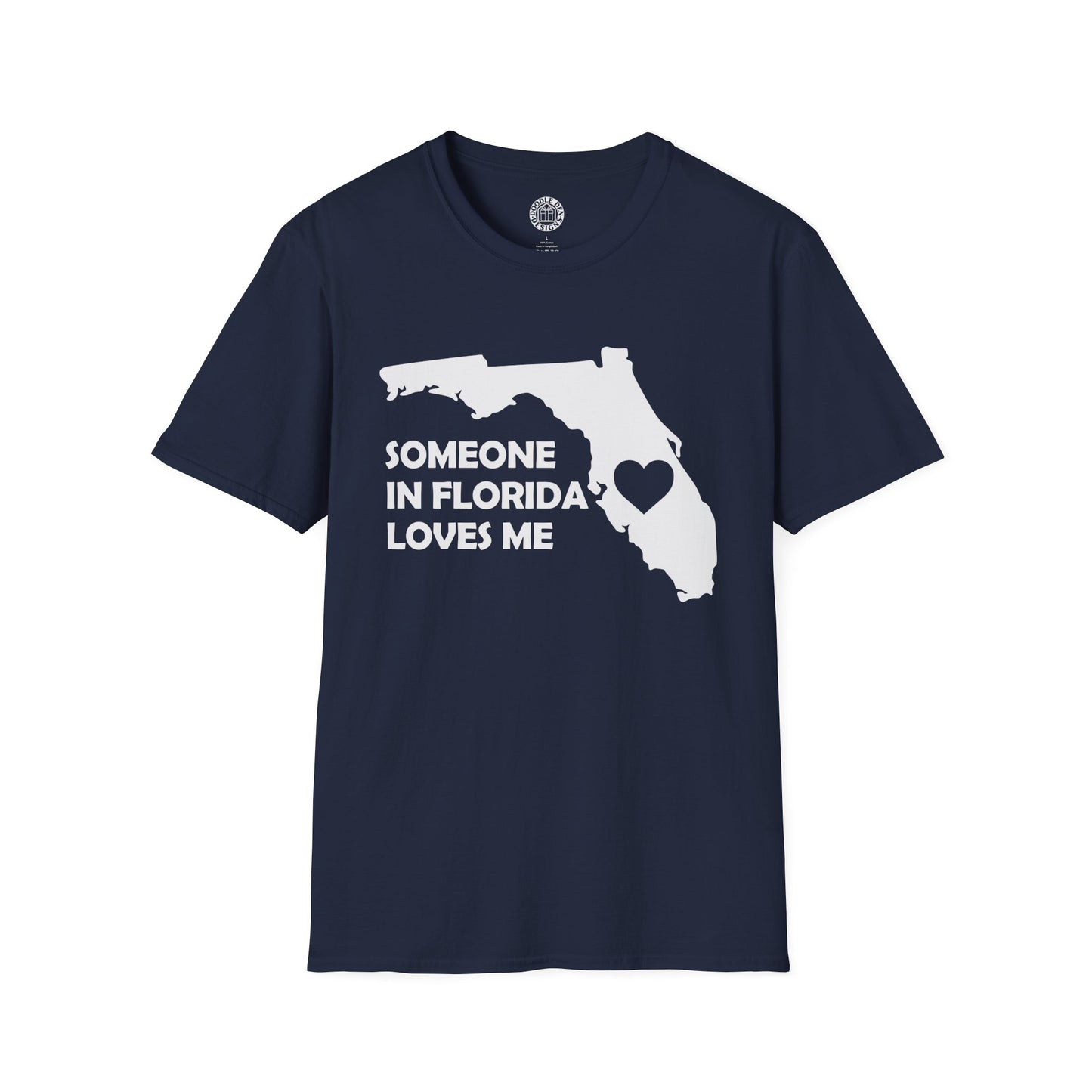 Navy blue t-shirt with white graphic and text 'Someone in Florida loves me' on a white background