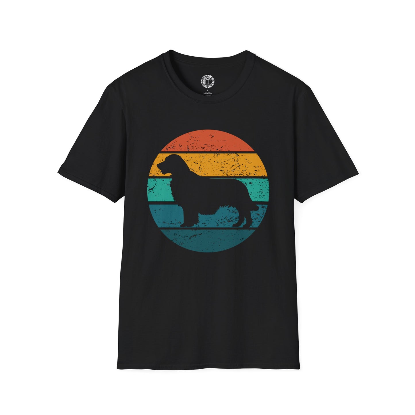 Black t-shirt with a Golden Retriever dog silhouette design on a colorful circle background
