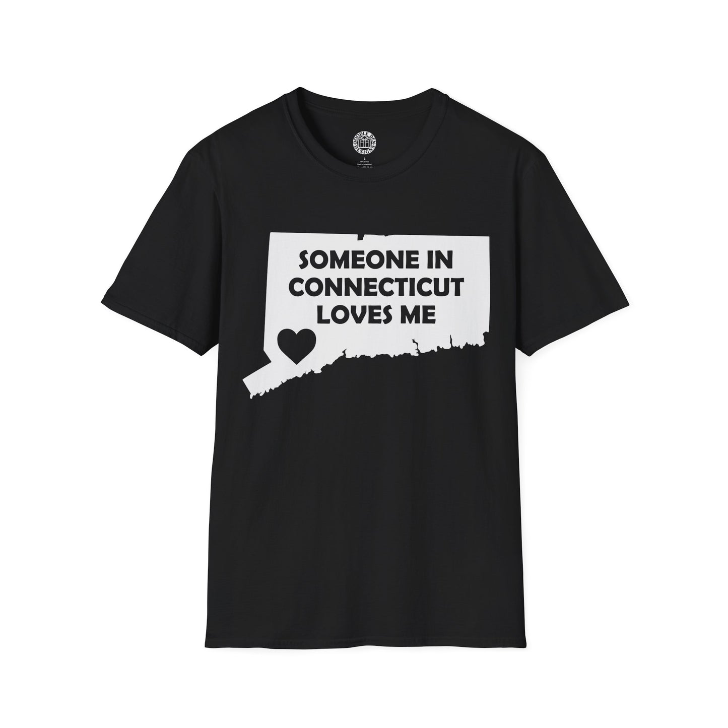 Black t-shirt with 'Someone in Connecticut loves me' graphic on a white background