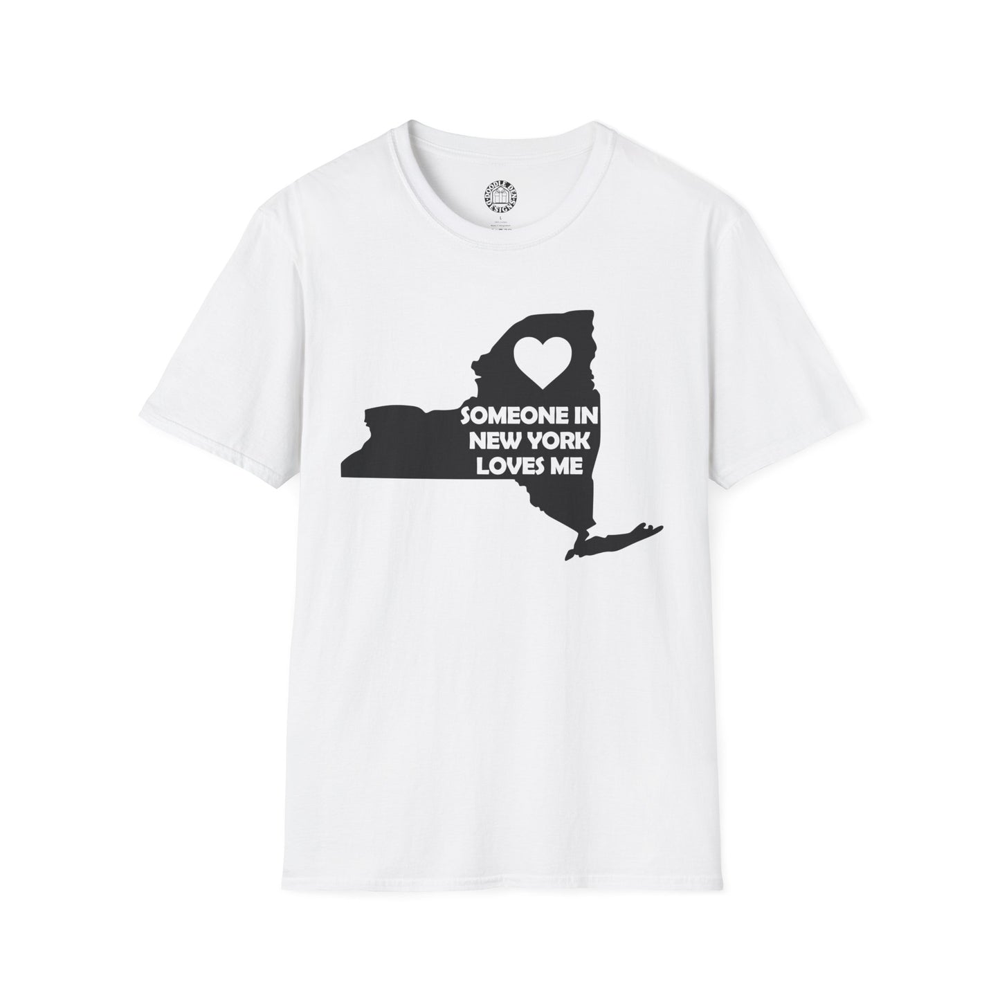 White t-shirt with black graphic of New York state and text 'Someone in New York loves me' on a white background