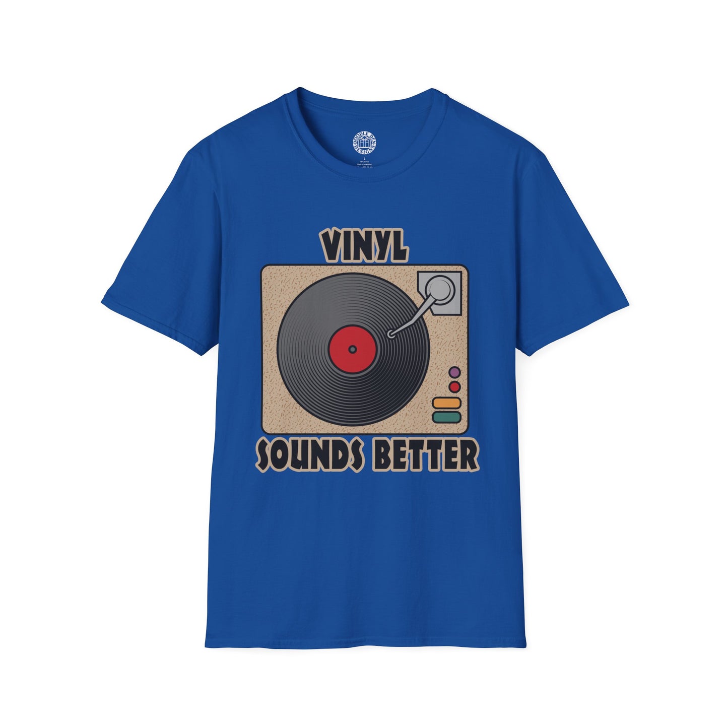 Blue t-shirt with vinyl record graphic and text on a white background