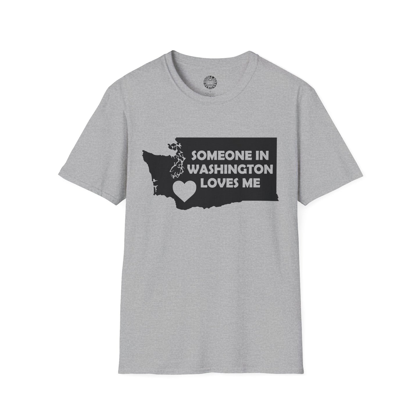 Gray t-shirt with a graphic of Washington state and text 'Someone in Washington loves me' on a white background