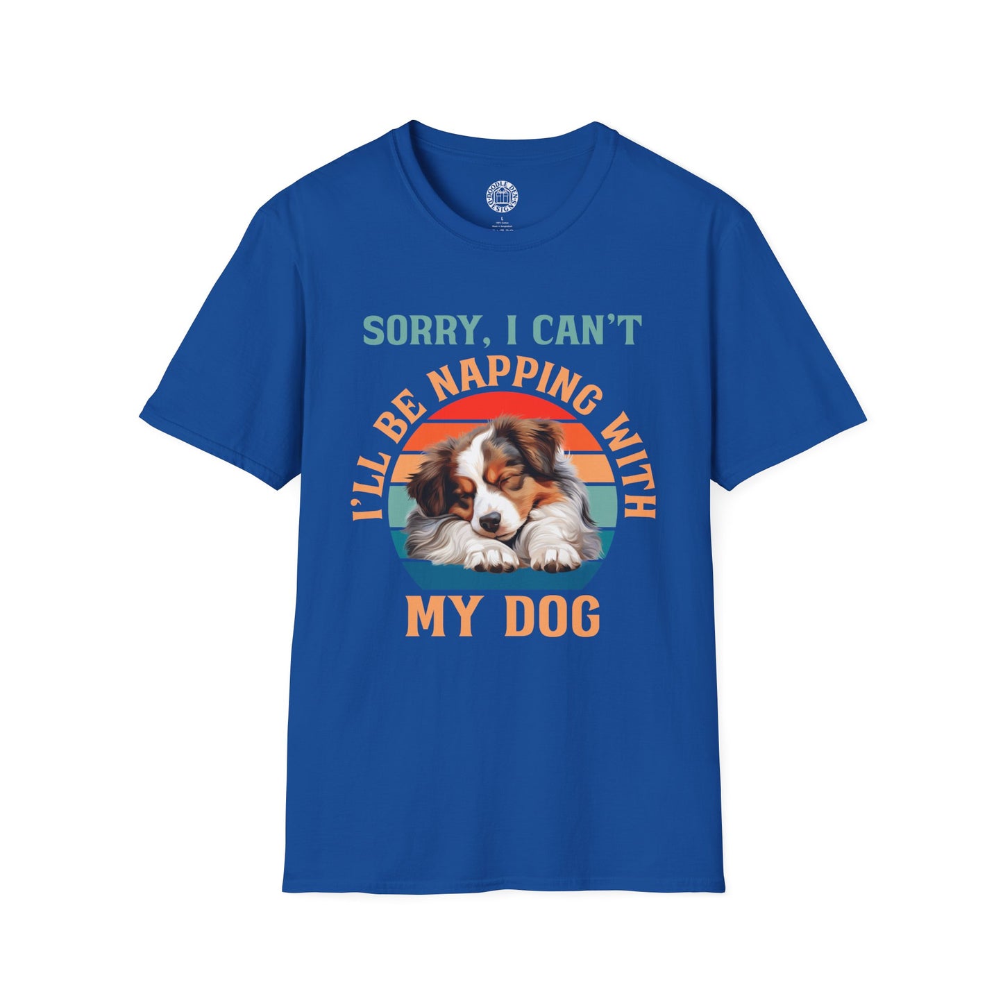 Blue t-shirt with a Australian Shepherd dog graphic and text on a white background