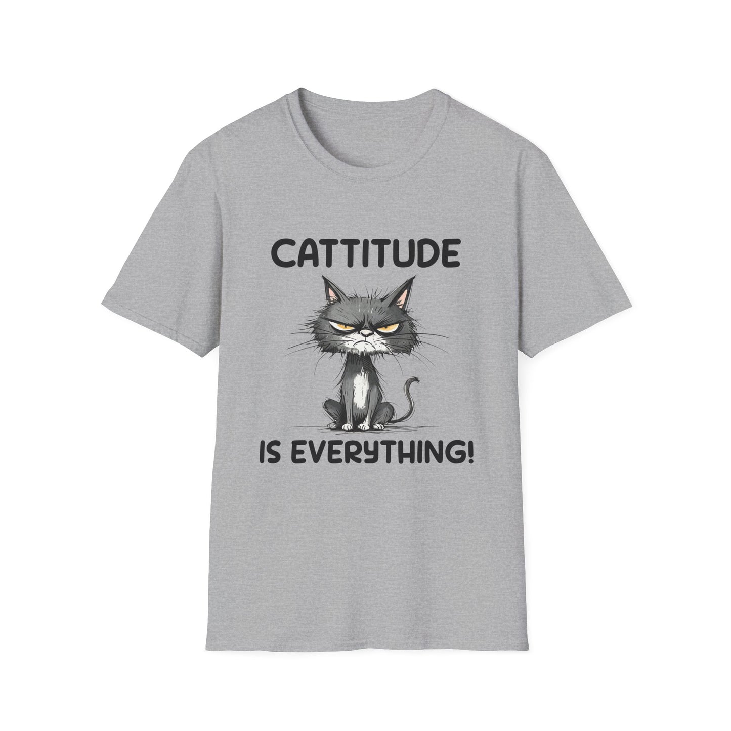 Gray t-shirt with a cat graphic and text Cattitude Is Everything on a white background