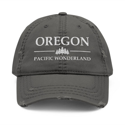 Gray cap with 'OREGON PACIFIC WONDERLAND' text and tree graphics  embroidered in white thread