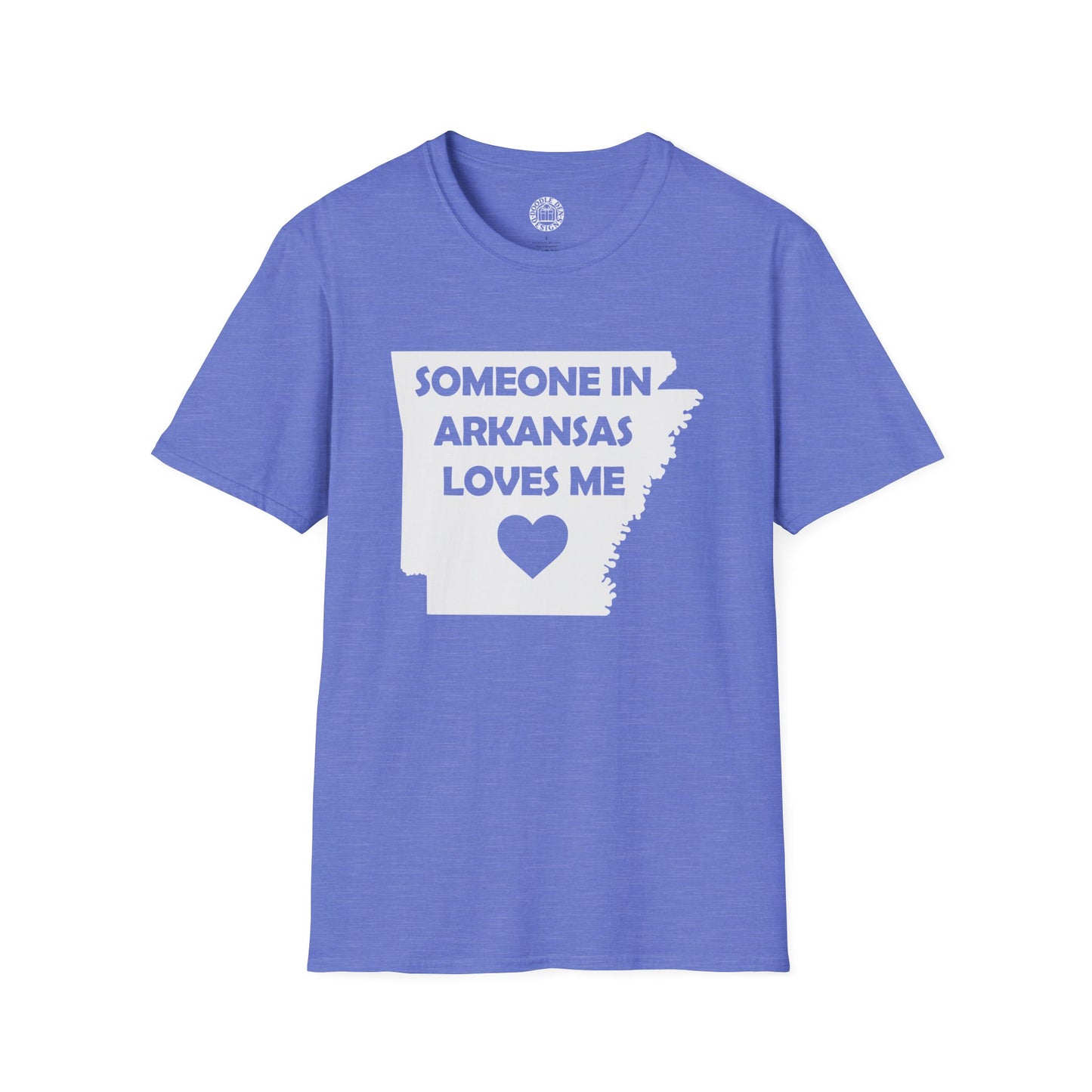 Blue t-shirt with 'Someone in Arkansas loves me' text and heart graphic on a white background