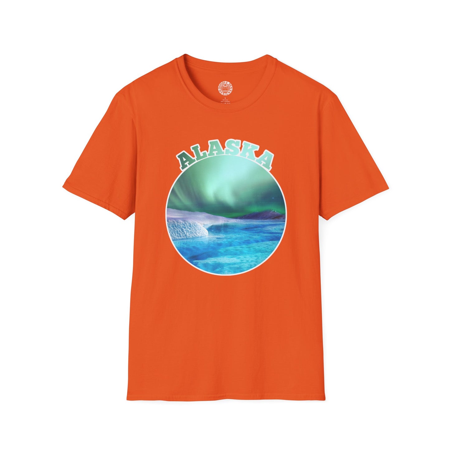Orange t-shirt with 'Alaska' graphic design on a white background northern lights aurora borealis