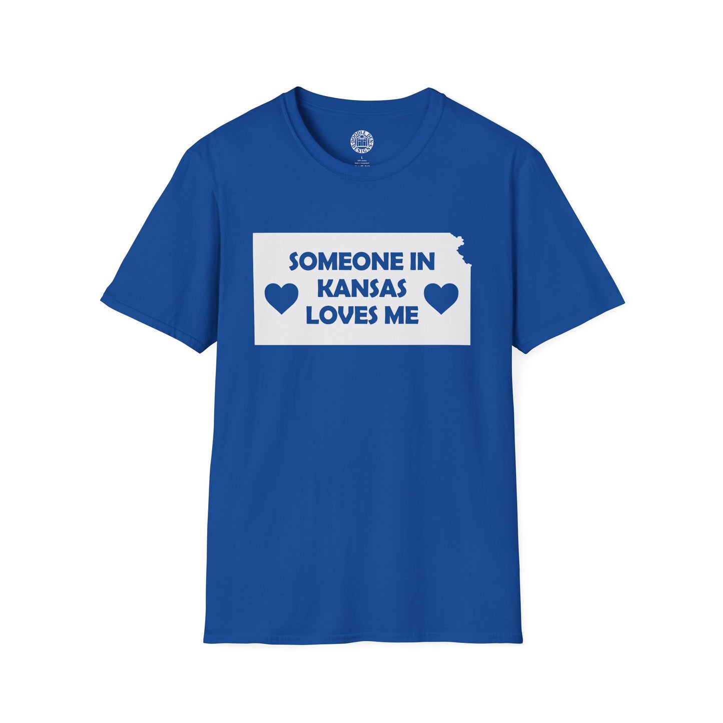 Blue t-shirt with 'Someone in Kansas Loves Me' text on a white background