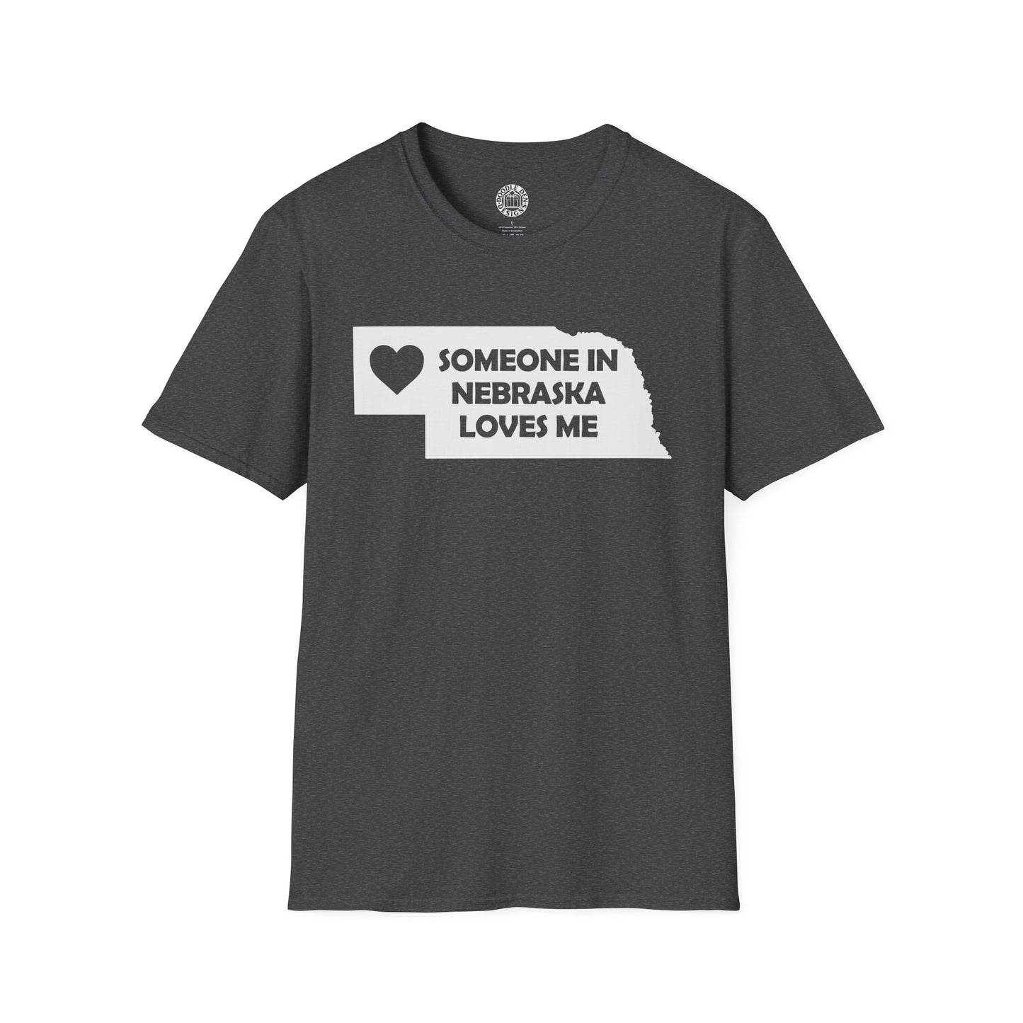 Gray t-shirt with 'Someone in Nebraska loves me' graphic on a white background