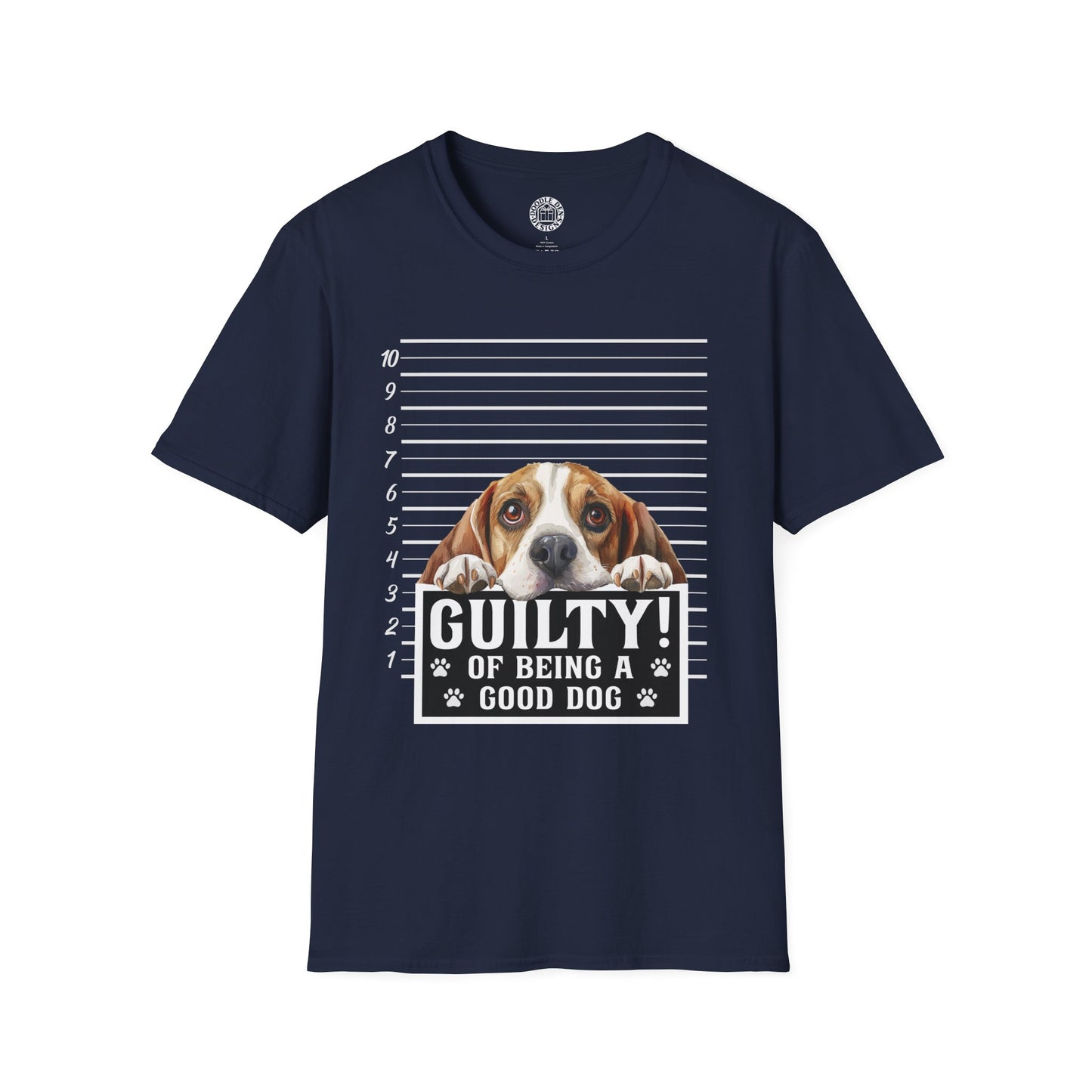Navy blue t-shirt with a Beagle dog graphic and text on a white background