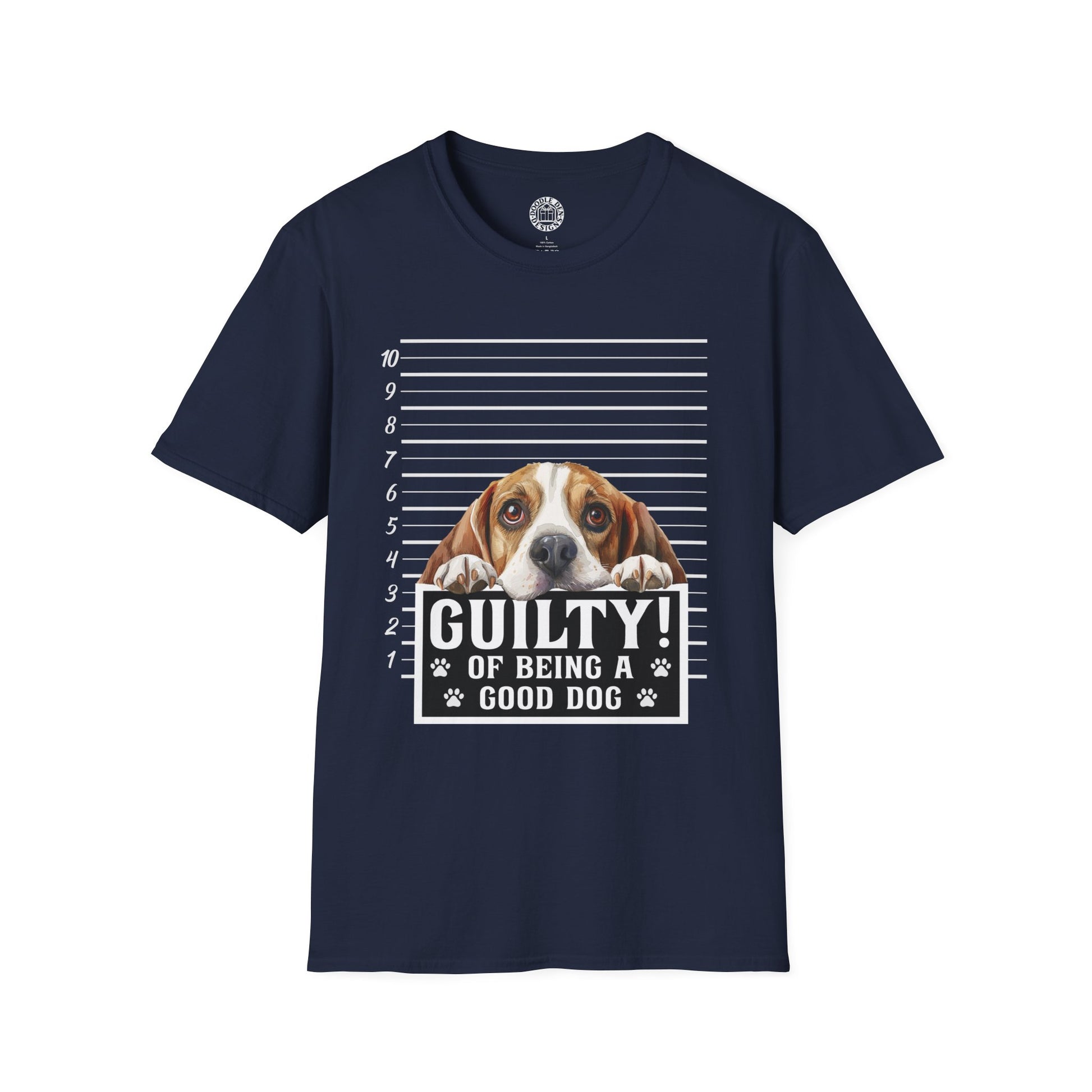Navy blue t-shirt with a Beagle dog graphic and text on a white background