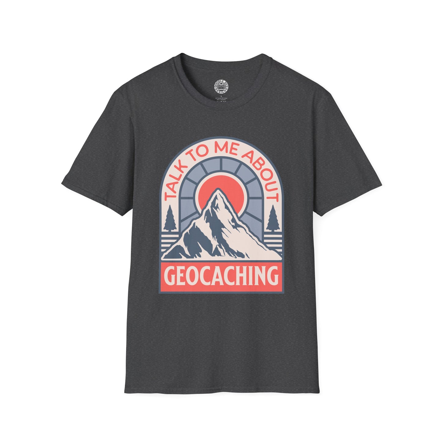 Dark gray t-shirt with a mountain graphic and text 'Talk to me about geocaching' on a white background