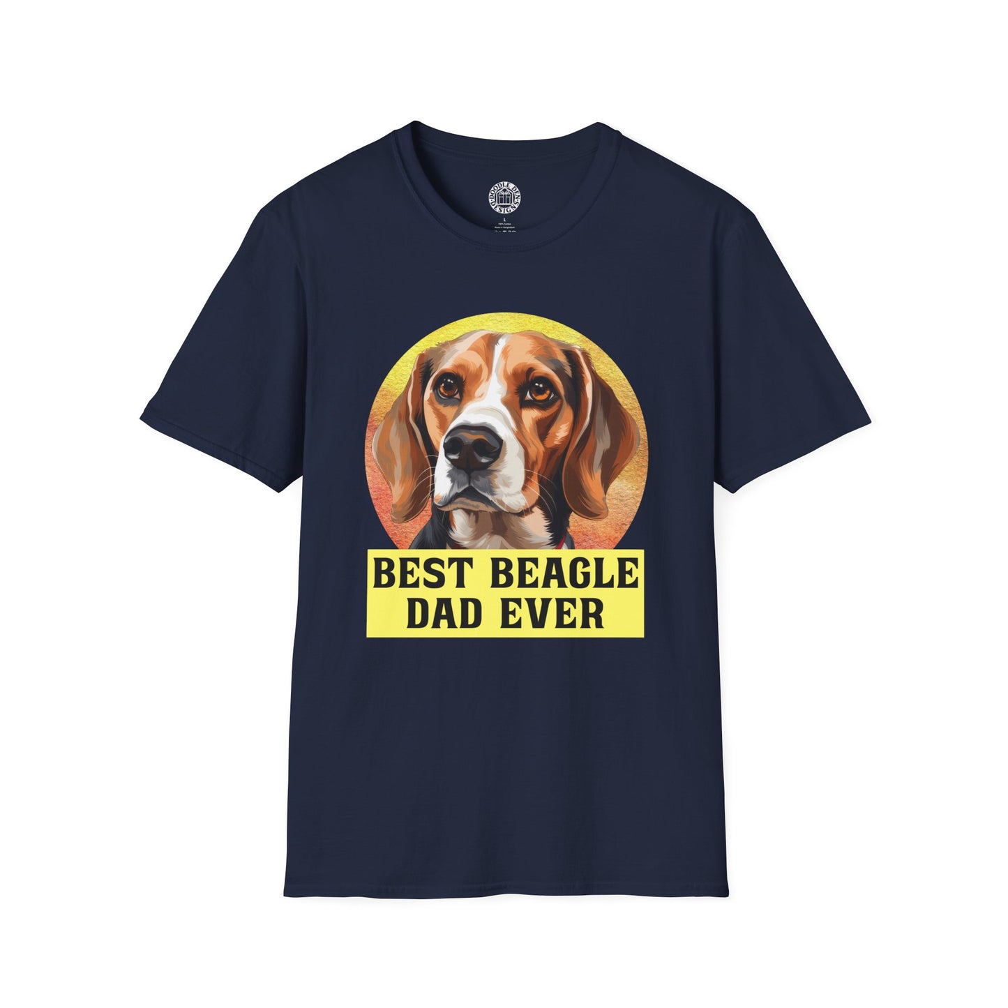 Navy blue t-shirt with a beagle graphic and 'Best Beagle Dad Ever' text on a white background