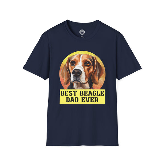 Navy blue t-shirt with a beagle graphic and 'Best Beagle Dad Ever' text on a white background